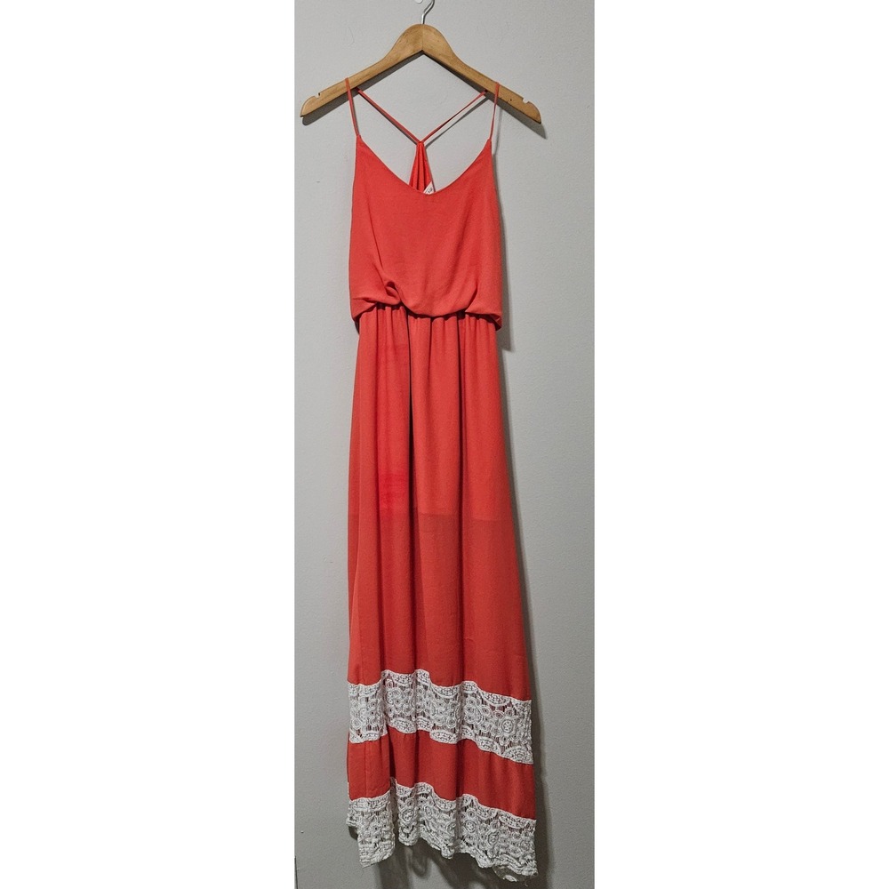 Pink Owl Coral Orange‎ Lace Trim Maxi Dress Womens Medium Boho Spaghetti Strap